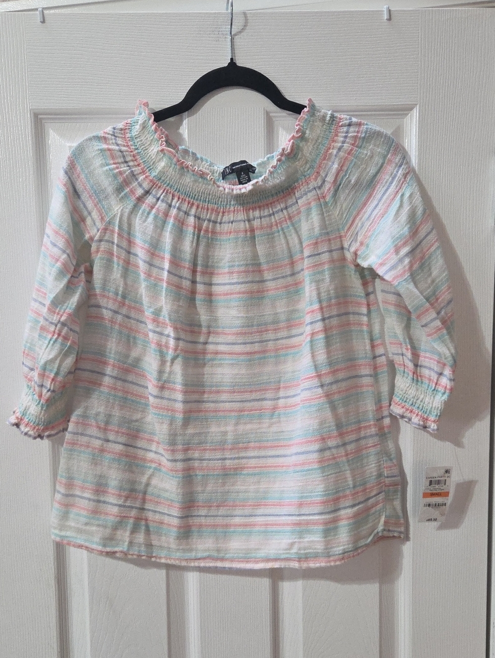 Womens' Striped Pastel Off-Shoulder Top - White Pink Green